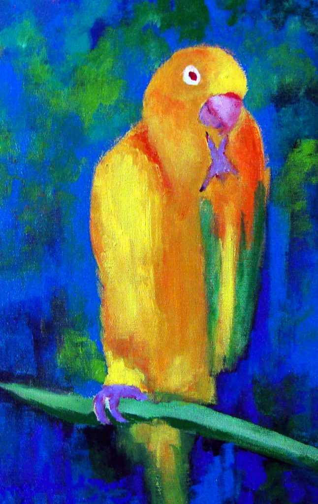 Papagaios na natureza casal pintura acrilica Angela Lemos